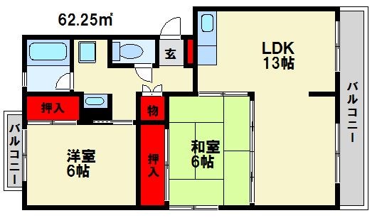 レジデンス宮原２ 間取図　※バルコニー部分が専用庭