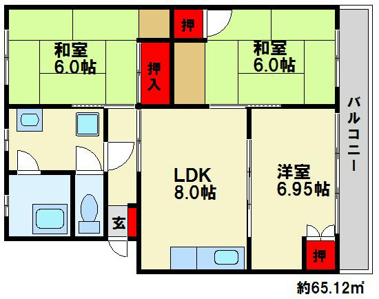 サンハイツ 間取図　※反転タイプ　バルコニー側部屋和室タイプ　現状優先