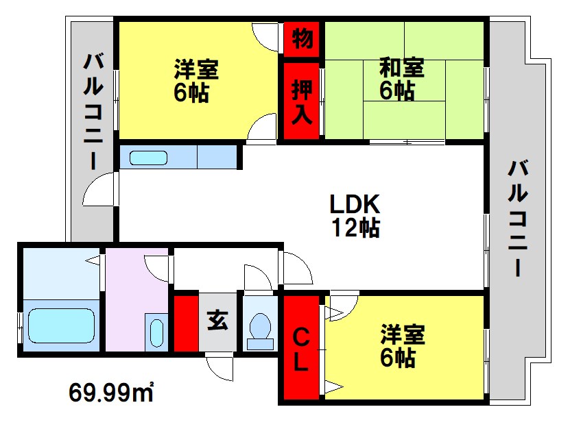 グリーンハイツ水城Ｂ 間取り 広々3LDK間取り