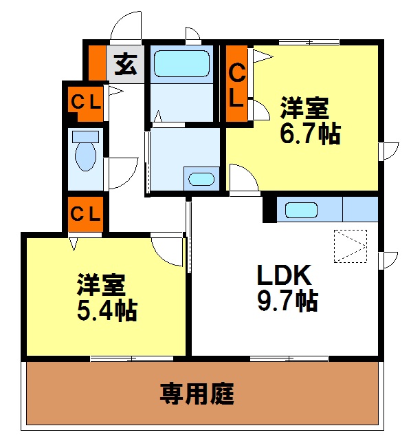 サンセール国分Ⅱ　B棟 1F角部屋。専用庭つき。間取りは反転タイプ