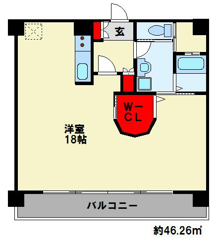 サンシャイン妙見表参道 間取り　広々１８帖のワンルーム。ウォークインクローゼットもあって収納たっぷりです。