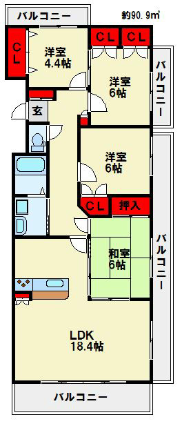 シャトレ大手町　N棟 全部屋がバルコニーに面する間取りです。