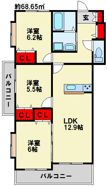 フェルト515 2面バルコニーです。オールフローリングの人気の間取りです。