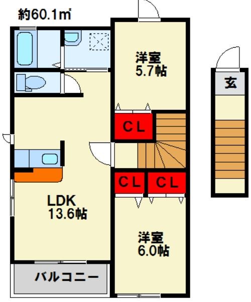 ドミール赤坂 2LDKの間取りです。