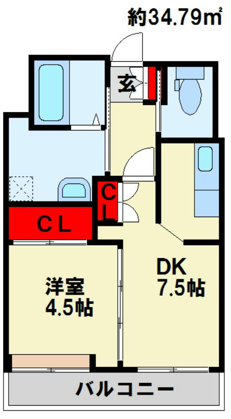 ニューリバー戸畑 間取り図。実際の間取りは反転。