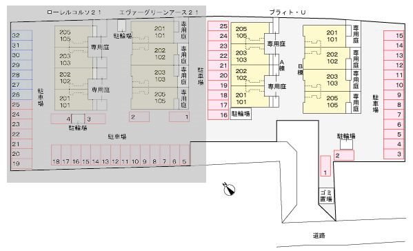 ブライトーU　A棟  駐車場配置図