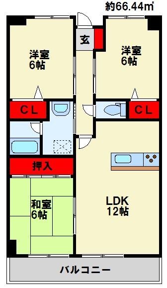 エクセレントリッチ伊崎 ※間取りは反転になります。定番の３LDKです♪全室収納が嬉しい♪