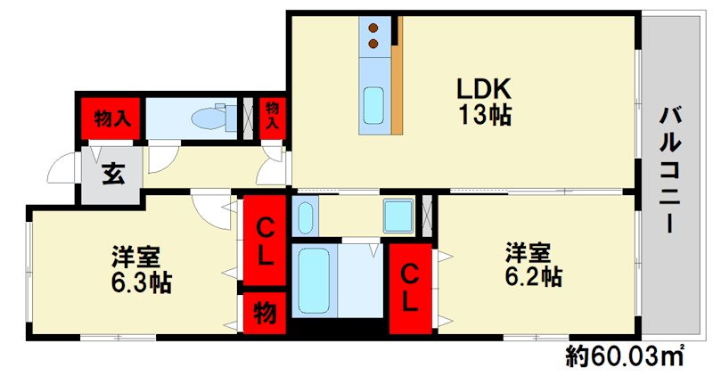 クレールシェソワ 間取図　※反転タイプ　現状優先