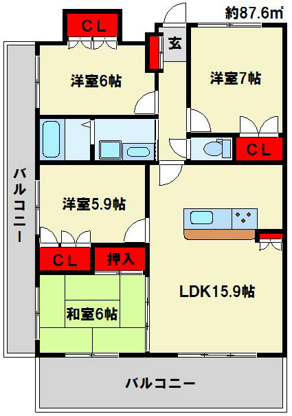 シャトレ大手町　N棟 全部屋がバルコニーに面する間取りです。