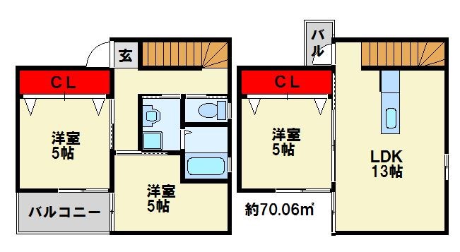 パークサイドコートE棟  2階リビングの間取りです。１階はバルコニーではなくテラスです。