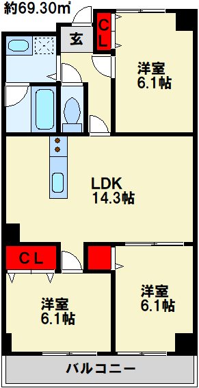 ロージュマン黄金町 オールフローリング。人気のカウンターキッチン搭載。