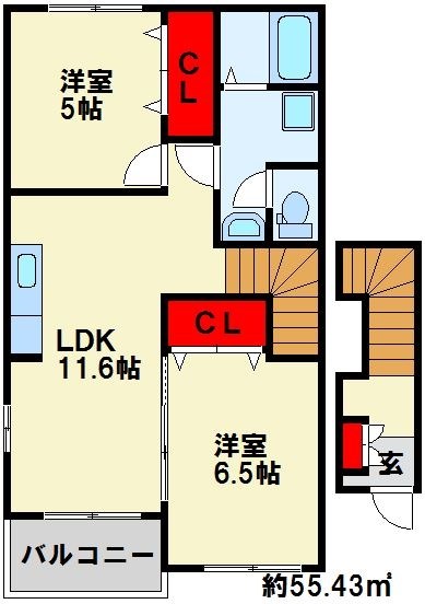 グレイスコートⅡ ※反転画像です。二部屋独立型のお部屋です。